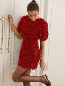 Aveloria Rosie 3D立体花卉装饰收腰短袖奢华欧美风时尚迷你连衣裙 - 紅色 - 查看 7