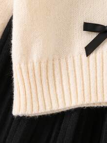 SHEIN 两件套优雅蝴蝶结针织毛衣和百褶针织裙套装，女童冬季服装 - 黑色 - 查看 6