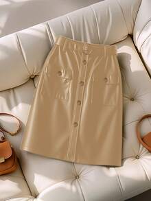 GlowEve Women's Fashionable Versatile Commuter Solid Color Front Button Skirt - Khaki - View 5