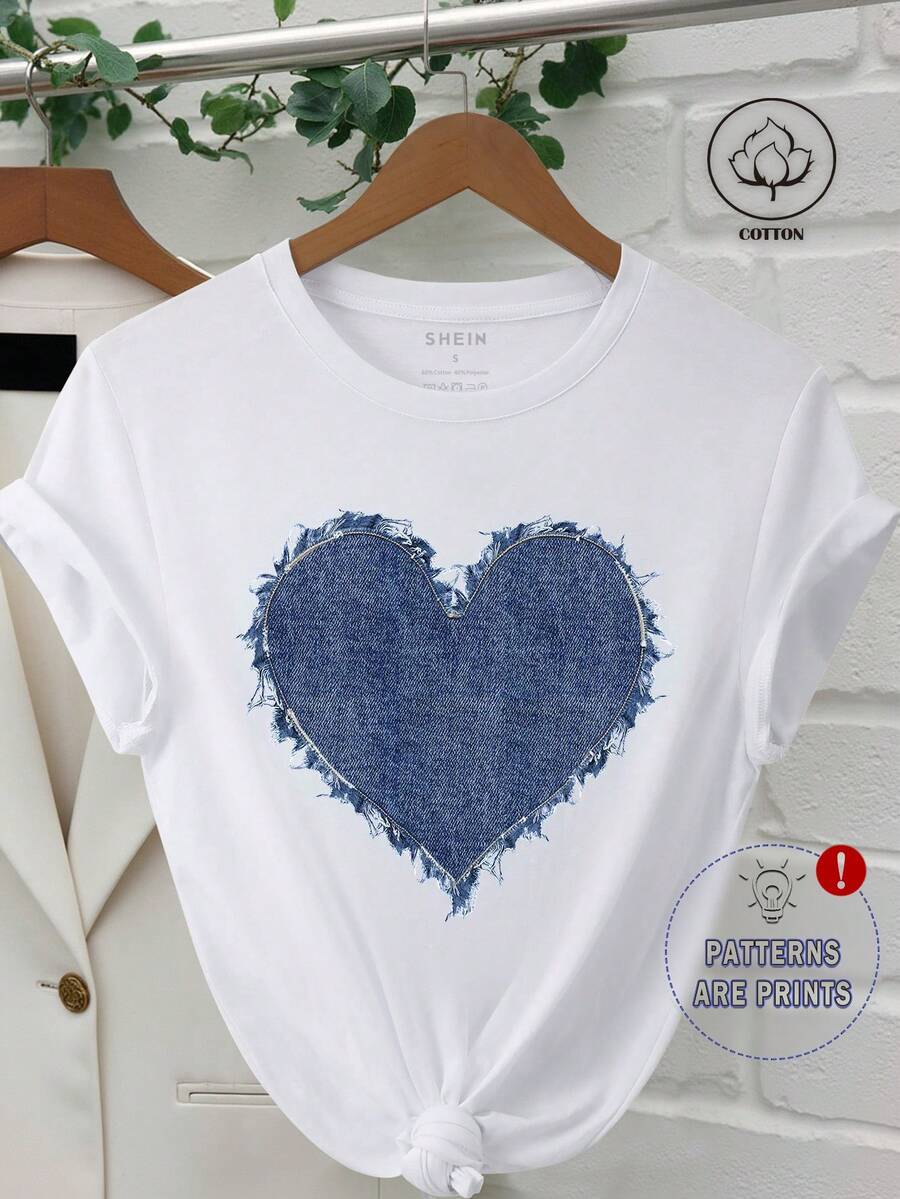 INAWLY Women Heart Print Round Neck Casual Versatile Short Sleeve T-Shirt