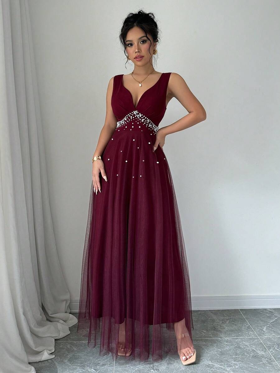 SHEIN Belle Burgundy Red Ladies' Summer Sleeveless Floor-Length Elegant Dress With Faux Pearl Decoration And Sheer Hemline Patchwork Maxi Women Outfit