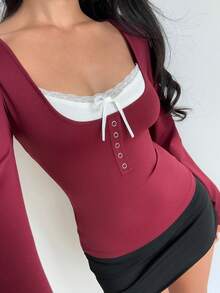 Flirla Women's Contrast Color Patchwork Bow Button 2 In 1 T-Shirt - Red - View 6