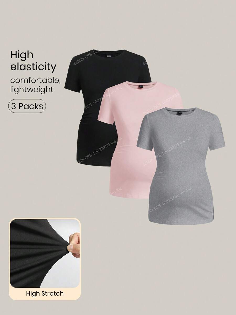 Modmama Plain Color Round Neck Short Sleeve Casual Maternity Top - Pink - View 1