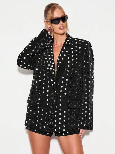 KIZN Winter Studded Dot Oversized Blazer Jacket With Padded Shoulders Long Sleeve Button Front Double Breasted Style Evening Party Outerwear