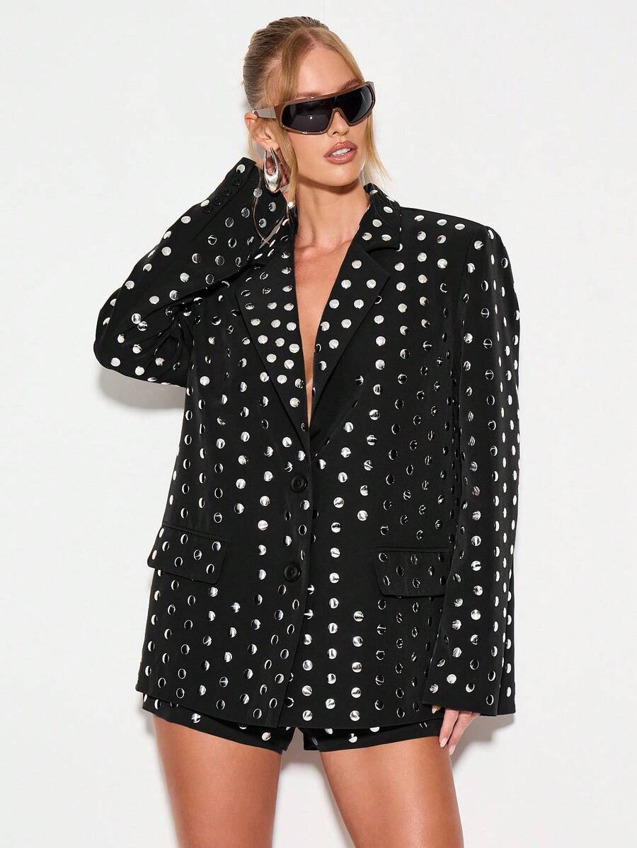 KIZN Winter Studded Dot Oversized Blazer Jacket With Padded Shoulders Long Sleeve Button Front Double Breasted Style Evening Party Outerwear - Black - View 1