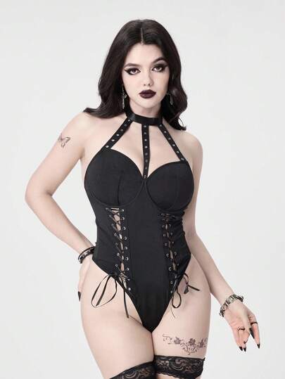 Goth Women's Dark Punk Eyelet Lace-Up Halter Sexy Bodysuit