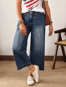 EMERY ROSE Plus Size Casual Washed Vintage Wide Leg Jeans Casual Street Patchwork Pocket Loose Wide Leg Jeans Women Jeans Baggy Loose Jeans