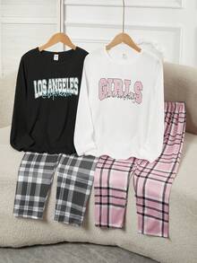 SHEIN 4pcs Girls Letter Print Long Sleeve Top + Plaid Pants Pajama Set, Casual Homewear - Multicolor - View 1