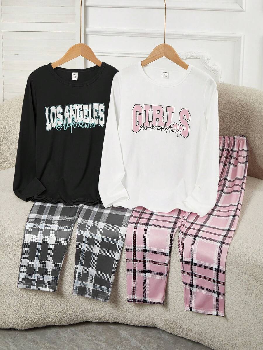 SHEIN 4pcs Girls Letter Print Long Sleeve Top + Plaid Pants Pajama Set, Casual Homewear - Multicolor - View 1
