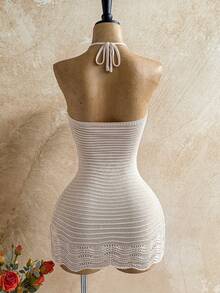 Soleia 性感镂空木珠装饰细肩带无袖针织连衣裙，适合度假、节日、派对、游轮、海滩、音乐节、波西米亚风格 - 米色 - 查看 2