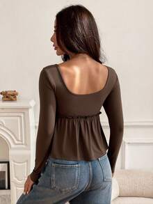 SHEIN EZwear Áo thun cổ vuông màu nâu cỡ lớn, thường ngày cho kỳ nghỉ, Xuân/Hè - màu nâu - Xem 2