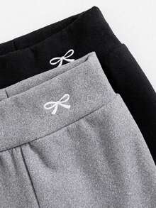 SHEIN 少女两件套蝴蝶刺绣图案天鹅绒面料打底裤，适合日常休闲穿着，秋冬季两件套紧身抓绒保暖打底裤，时尚秋冬运动裤/慢跑裤 - 彩色 - 查看 2