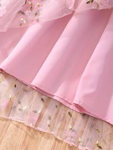 SHEIN 少女无袖休闲网纱拼接刺绣花卉连衣裙 - 藕粉色 - 查看 7