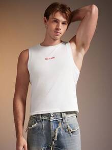 FeverCity Camiseta de tirantes de ajuste ceñido con estampado de letras de cuello redondo para hombre, de verano - Blanco - Ver 4