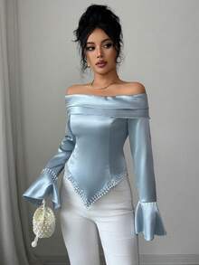 SHEIN Elenzya 1 件女式露肩褶皱长袖珍珠装饰优雅浪漫衬衫 - 霧霾藍 - 查看 4