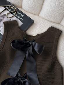 Elamini Women's Autumn/Winter Bow Decor Fashionable Knitted Vest - Coffee Brown - View 4