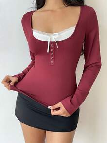 Flirla Women's Contrast Color Patchwork Bow Button 2 In 1 T-Shirt - Red - View 4