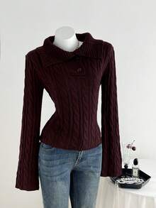 Elamini ملابس علوية نسائية فضفاضة بلون أحادي وأكمام طويلة مجدولة