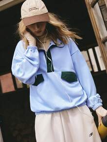 SHEIN Unity Women's Casual Light Blue Autumn Patchwork Colorblock Sweatshirt,Minimalist Button-Up Drop Shoulder Polo Collar Oversized Tops For Occasion Leisure - Blue - View 5
