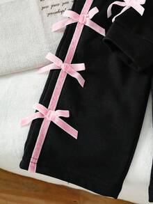 SHEIN Baby Girl Casual Everyday Commute Cute Contrast Color Bow Decor Stand Collar Zip-Up Jacket And Wide Leg Pants Set, Autumn - Black - View 5