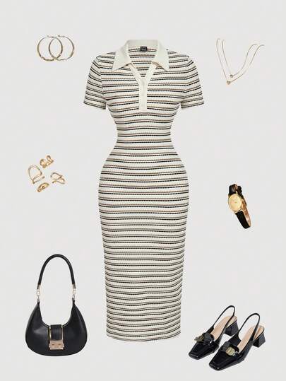 SHEIN MOD Vestido ajustado de largo medio con cuello polo a rayas para uso casual y de oficina