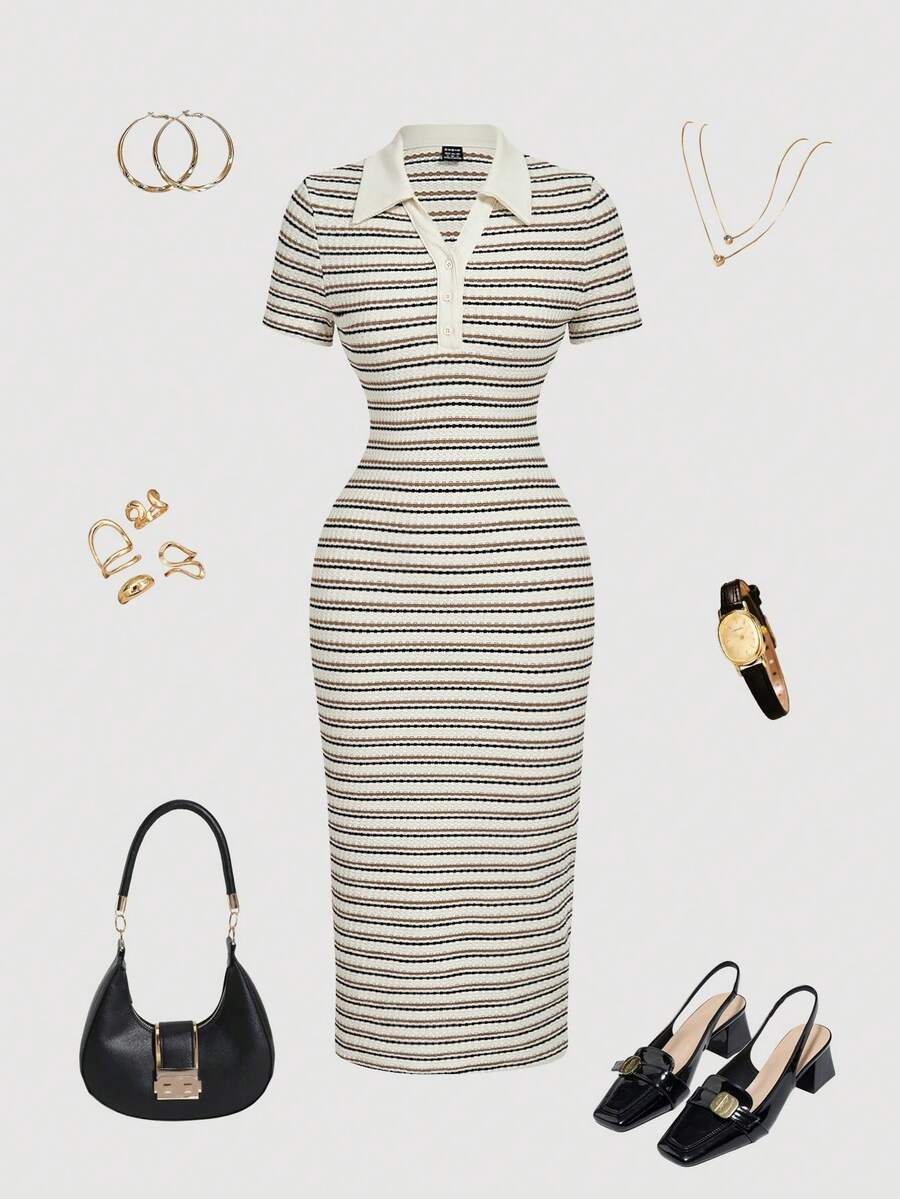 SHEIN MOD Váy dài vừa vặn cổ polo kẻ sọc thường ngày khi đi làm - Nhiều màu - Xem 1