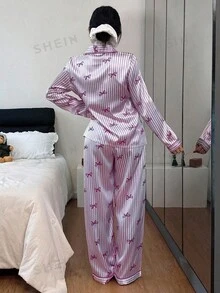 2件套仿丝绸蝴蝶结条纹长袖上衣和裤子女士睡衣套装，冬季服装 - 紫色 - 查看 3