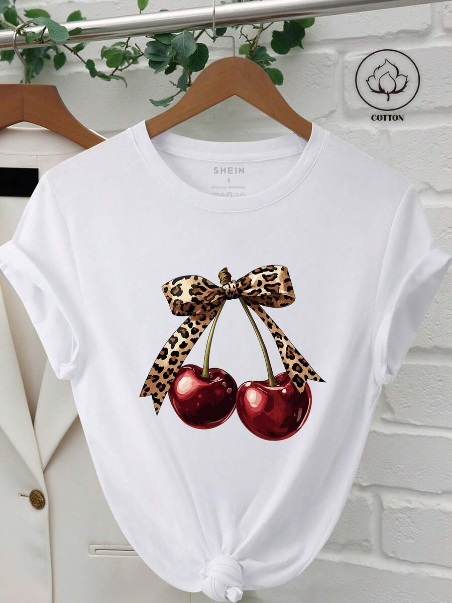INAWLY Women's Cherry Blossom Print Round Neck Casual Short Sleeve T-Shirt,Summer,Holiday - White - View 1