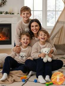 Tween Boy Cartoon Bear Embroidered Fleece Sweatshirt And Pants Pajama Set, Winter - Multicolor - View 3