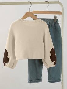 SHEIN Playful Pals Suéter infantil feminino casual com estampa floral e gola redonda, ideal para ocasiões casuais, em casa, encontros e para a volta às aulas. Suéter curto para meninas, perfeito para o outono. - Damasco - Ver 2