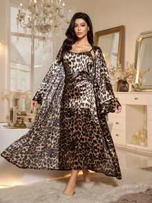 LuxeNights 女士豹纹仿丝吊带睡袍套装，秋冬服装 - 黑色 - 查看 1