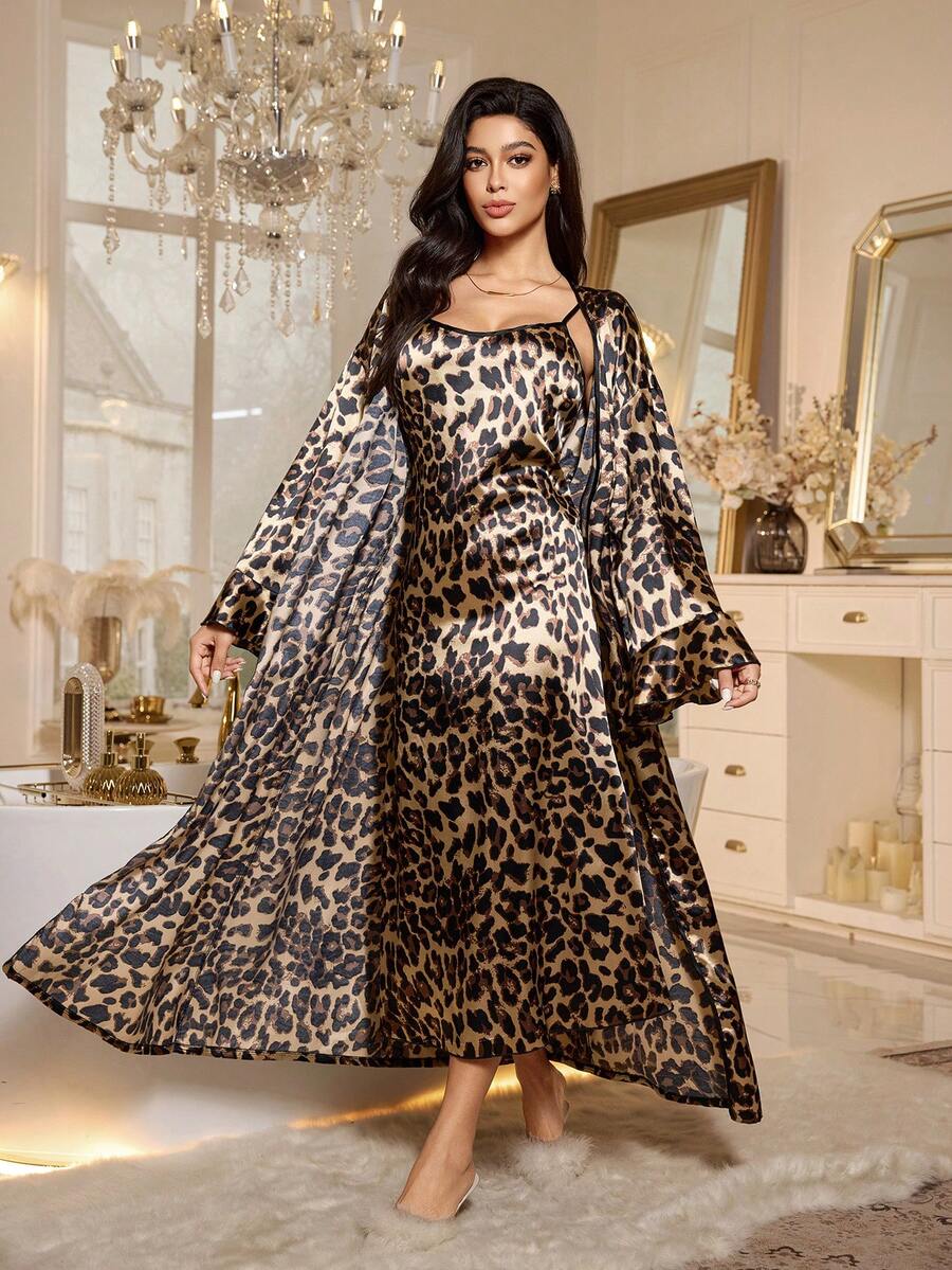 LuxeNights 女士豹纹仿丝吊带睡袍套装，秋冬服装 - 黑色 - 查看 1