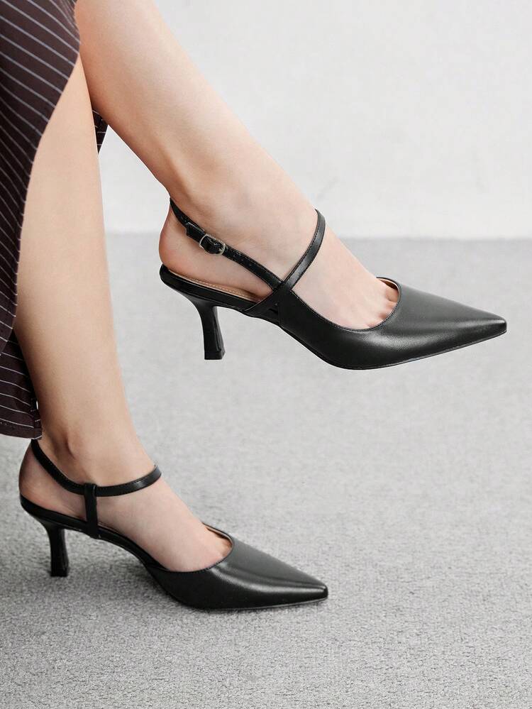 CUCCOO BIZCHIC Black Motorcycle Buckle Pointed Toe Stiletto High Heel Pumps, Sexy Fashion Women's Heels, Neutral Style Suitable For Night Out And Date