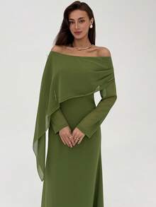 Aloruh Women's Elegant Long Winter Dress, New Style, Off-Shoulder Boat Neck, Long Sleeves, Shawl Collar, Slim Fit Design, Extra Long Dress, Party Cocktail Party, Green Flowy Extra Long Mermaid Dress, Christmas Green Outfit, New Year's Outfit, New Year's Eve Outfit, Wedding Guest Elegant Dress. Night Gown Women Green Long Dress Women Dress Modest Green Maternity Dress