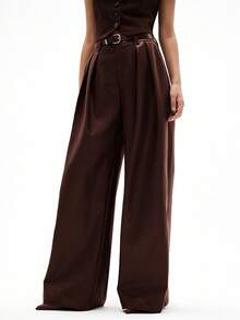 GENKIRA 酒红色PU皮革褶皱宽松直筒腰带休闲时尚百搭女裤 - 咖啡棕 - 查看 6