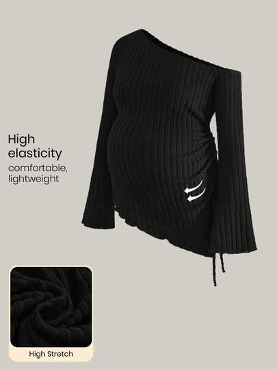 Modmama Autumn And Winter Women's Solid Color Casual Oblique Shoulder Maternity T-Shirt