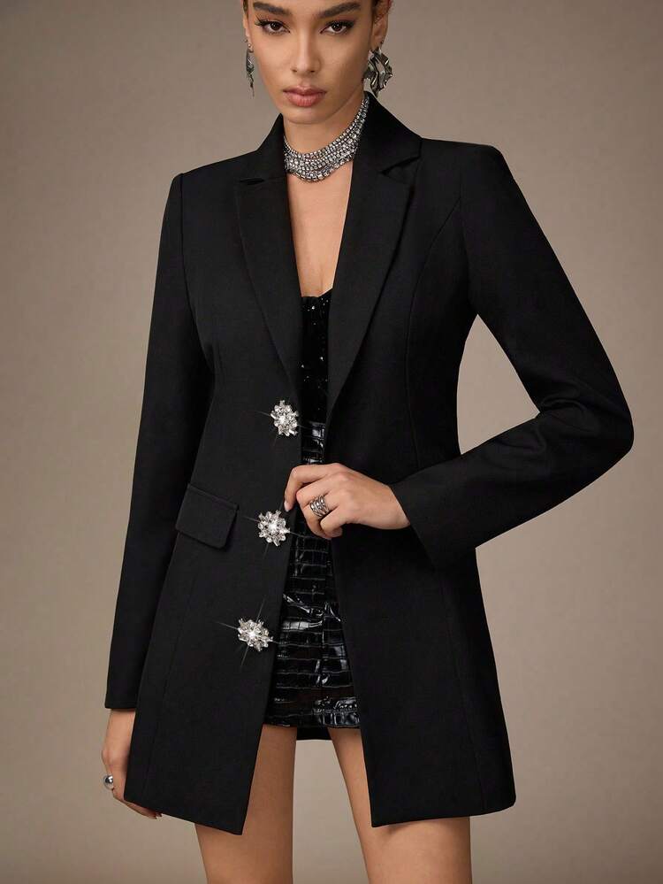 Modelyn Vestido y chaqueta de traje negro ajustado y delgado con botón de diamante versátil para uso diario y de oficina - Negro - Añade 5