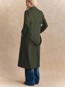 Écloséra French Retro Navy Blue Striped Fitted Lapel Original Fabric Belt Waist Closure Slant Pockets Contrast Green Striped Butterfly Print Women Long Sleeve Trench Coat, Autumn/Winter - Army Green - View 2