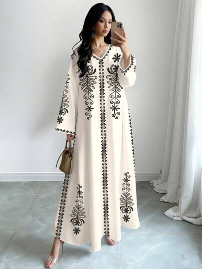 SHEIN Najma Women's Retro Black Floral Digital Print V-Neck Long Sleeve Elegant Arabic Maxi Dress, Spring/Autumn