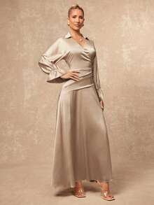 Lumalex Women's Champagne Autumn Elegant Dining Satin Maxi Dress,Old Money Solid Color Shirt Collar Fitted Waist A-Line Long Dress For Banquet Wedding Party - Khaki - View 3