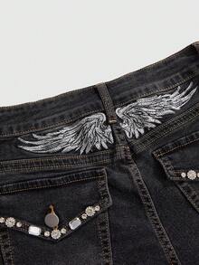 ROMWE Grunge Punk Y2K 超低腰露脐性感露背翅膀刺绣水钻装饰超短牛仔短裤