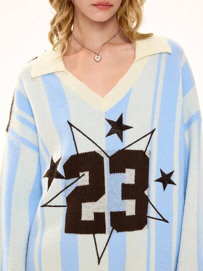 Suéter con cuello de estrella de cinco puntas, a rayas, de color azul claro, estilo deportivo y dulce, kawaii y lindo