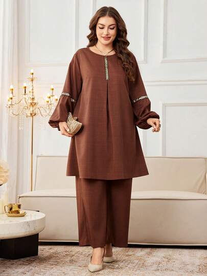 Al Najma 2 Stücke Pailletten-verziertes Große Größen Langarmoberteil und weite Hose Set