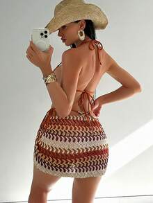 Swim SXY 女士夏季提花面料露背吊带迷你连衣裙三件套性感比基尼套装 - 彩色 - 查看 2