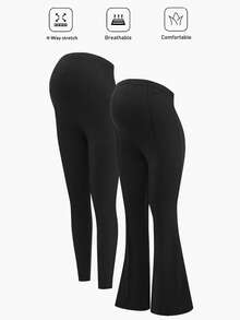 Modmama 2 件孕妇纯色喇叭裤，带可调节腰围和宽腰带紧身裤套装 - 黑色 - 查看 11