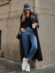 SHEIN ICON Women's Casual Versatile Denim Mom Jeans With Pockets - Dark Wash - View 3