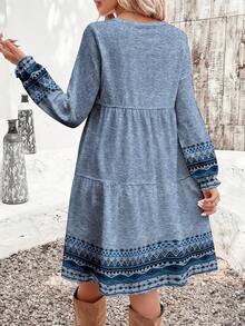 EMERY ROSE 休闲简约碎花图案宽松圆领大码连衣裙，适合秋冬季节穿着。 - 藍色 - 查看 2