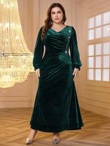 Modelyn New Women Velvet V-Neck Long Sleeve High-End Evening Dress, Elegant Quality For Autumn/Winter Maxi Women Outfit Long Evening Dresses