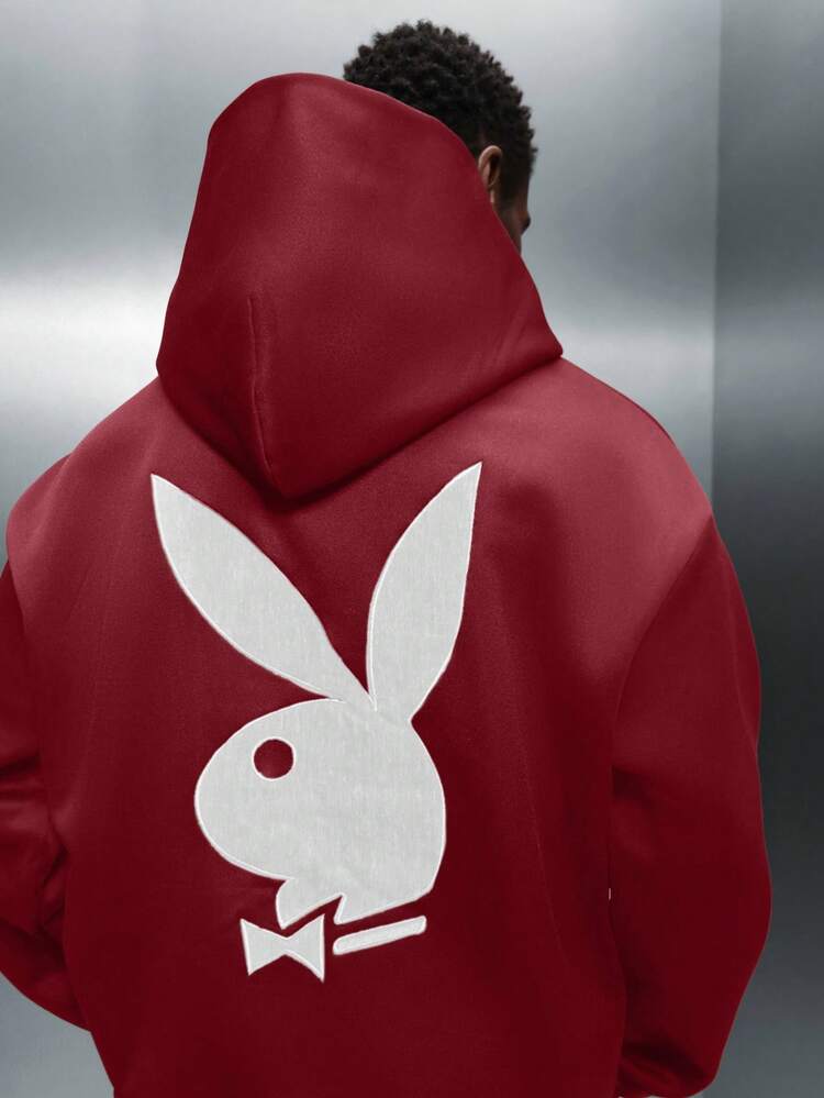 PLAYBOY X SUMWON Bunny Logo Pullover Hoodie With Centre Pocket Regular Fit Overhead Sweatshirt