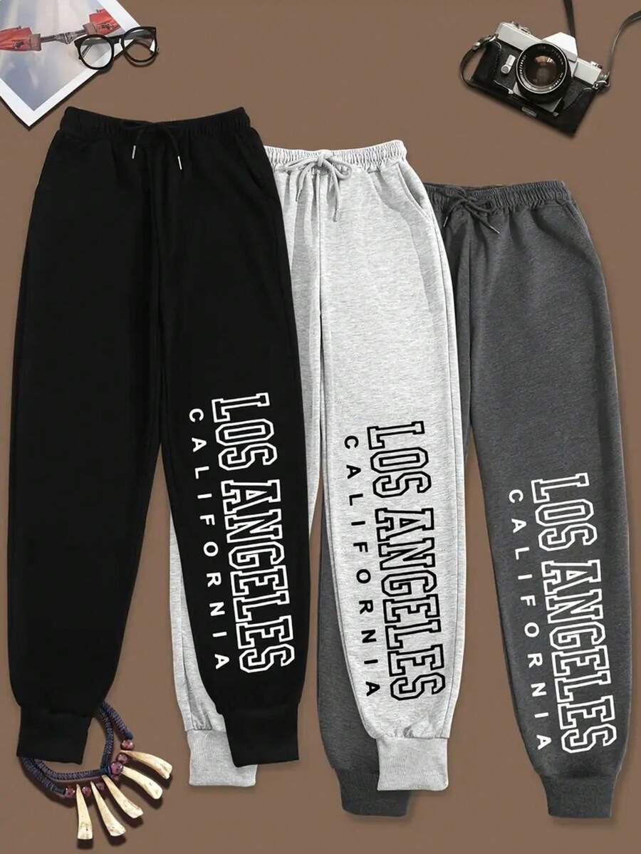Pantalones deportivos casuales de mujer estilo americano con estampado de letras, cintura alta, holgados, tobilleros, para primavera y otoño, uso diario - Multicolor - Ver 1